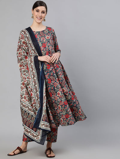 Women Multi Ethnic Printed Flared Kurta And Trouser With Dupatta