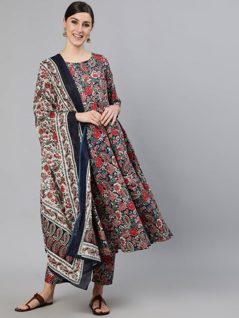 Women Multi Ethnic Printed Flared Kurta And Trouser With Dupatta