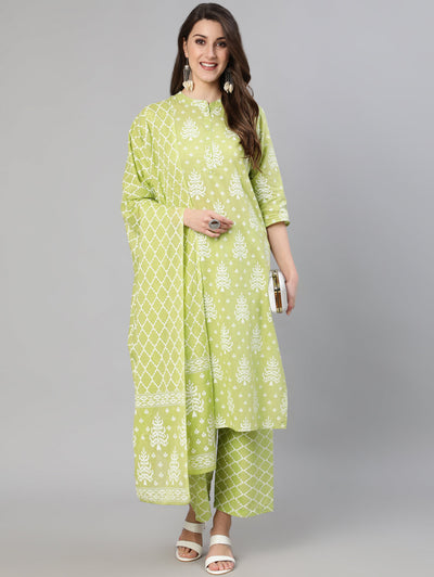 Women Green Ethnic Printed Straight Kurta With Palazzo And Dupatta
