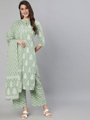 Women Olive Green Ethnic Printed Kurta And Palazzo With Dupatta