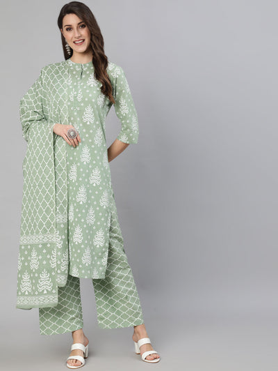 Women Olive Green Ethnic Printed Kurta And Palazzo With Dupatta