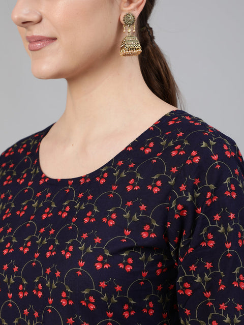 Women Navy Blue Printed Flared Kurta With trouser And Dupatta