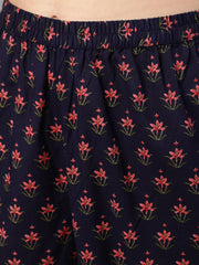 Women Navy Blue Printed Flared Kurta With trouser And Dupatta