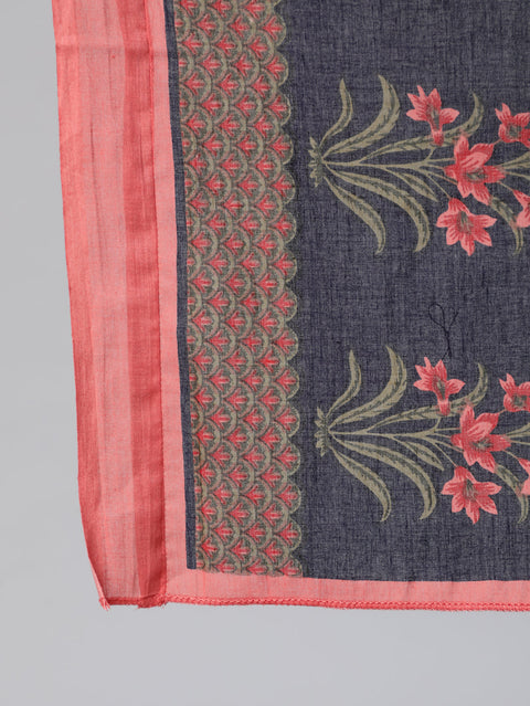 Women Navy Blue Printed Flared Kurta With trouser And Dupatta