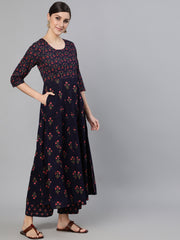 Women Navy Blue Printed Flared Kurta With trouser And Dupatta