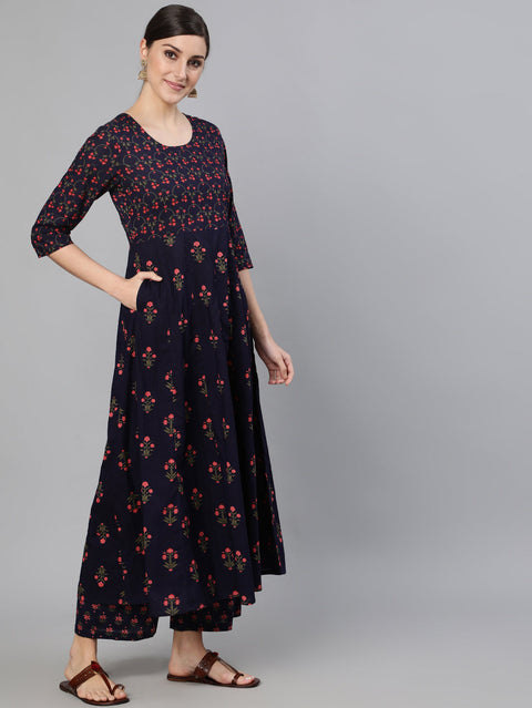 Women Navy Blue Printed Flared Kurta With trouser And Dupatta