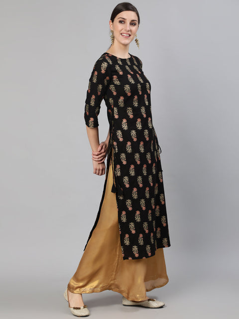 Women Nevy Blue Floral Printed Straight Kurta With Three Quarter Sleeves