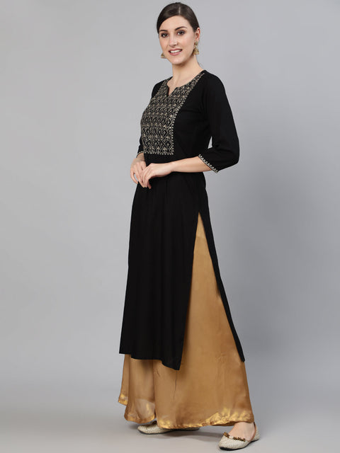 Women Black Embroidered Straight Kurta With Three Quarter Sleeves