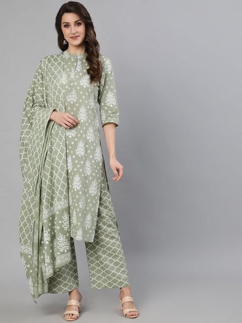 Women Grey Ethnic Printed Straight Kurta With Three Quarter Sleeves