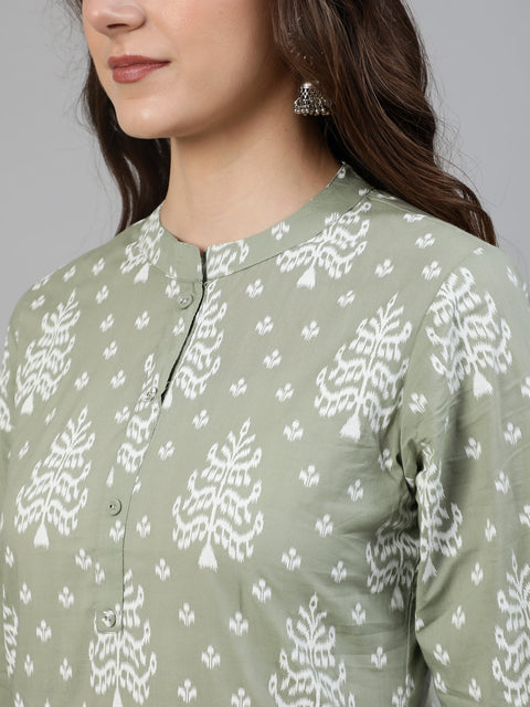 Women Grey Ethnic Printed Straight Kurta With Three Quarter Sleeves