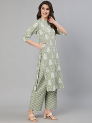 Women Grey Ethnic Printed Straight Kurta With Three Quarter Sleeves