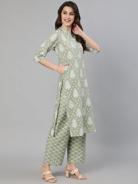 Women Grey Ethnic Printed Straight Kurta With Three Quarter Sleeves
