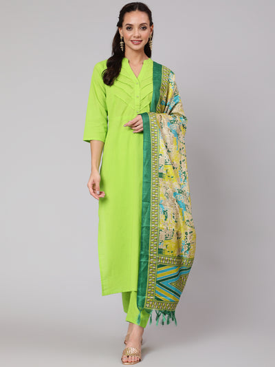 Women Green Solid Straight Kurta With Palazzo And Dupatta