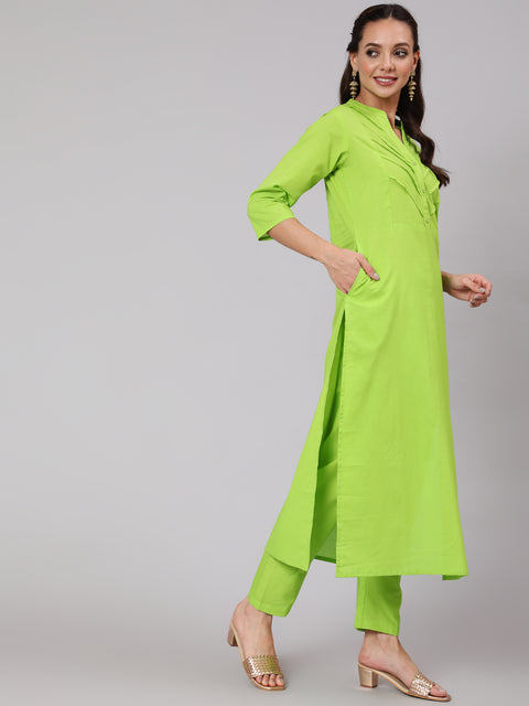 Women Green Solid Straight Kurta With Palazzo And Dupatta