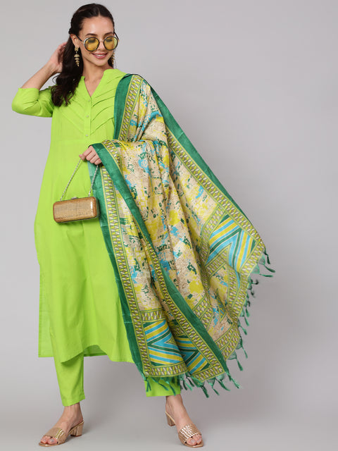 Women Green Solid Straight Kurta With Palazzo And Dupatta