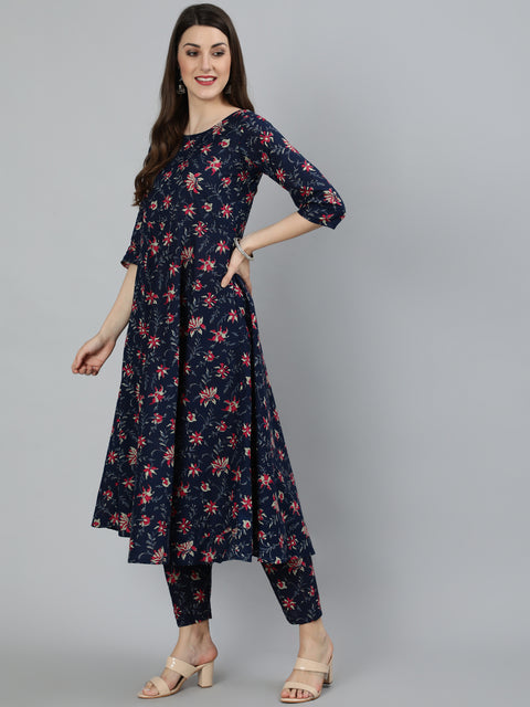 Women Navy Blue & Pink Floral Printed Flared kurta And Trouser With Dupatta