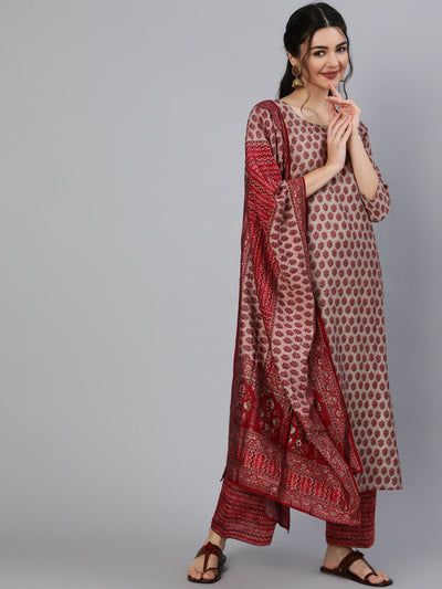 Women Maroon Ethnic Printed Kurta & Palazzo With Dupatta