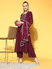Women Burgundy Embroidered Straight Kurta With Plazo & Dupatta