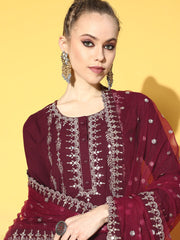 Women Burgundy Embroidered Straight Kurta With Plazo & Dupatta