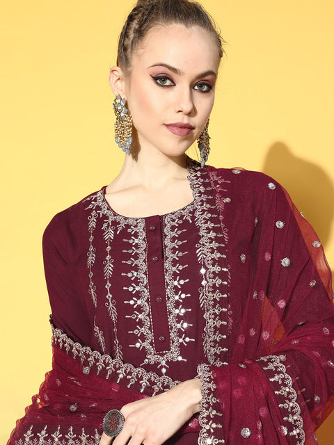 Women Burgundy Embroidered Straight Kurta With Plazo & Dupatta