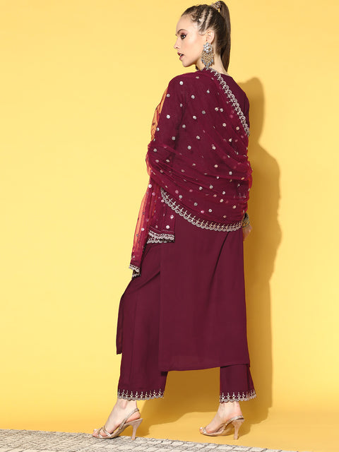 Women Burgundy Embroidered Straight Kurta With Plazo & Dupatta