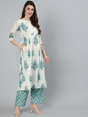 Women White Ethnic Floral printed Flared Kurta With Palazzo And Dupatta