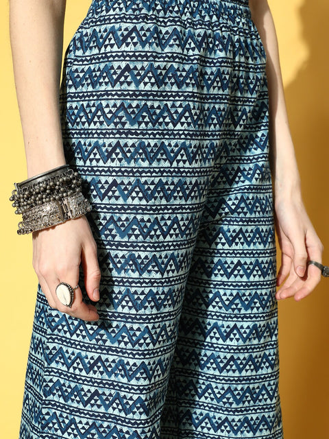 Women Blue Tiered Kurta With Plazo & Dupatta