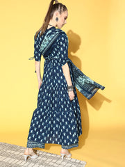 Women Blue Tiered Kurta With Plazo & Dupatta