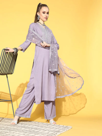 Women Lavender Embroidered Straight Kurta With Plazo & Dupatta
