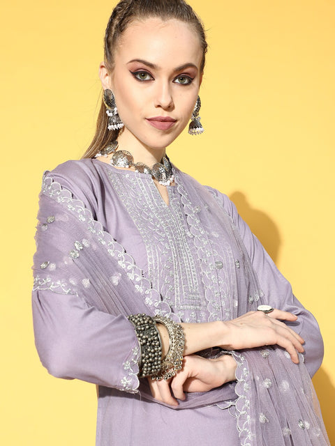 Women Lavender Embroidered Straight Kurta With Plazo & Dupatta