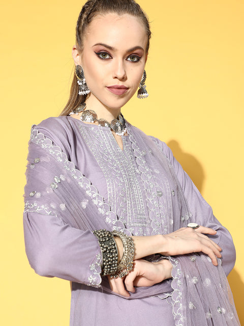Women Lavender Embroidered Straight Kurta With Plazo & Dupatta