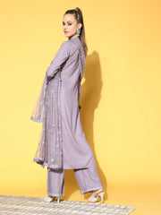Women Lavender Embroidered Straight Kurta With Plazo & Dupatta