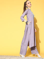 Women Lavender Embroidered Straight Kurta With Plazo & Dupatta