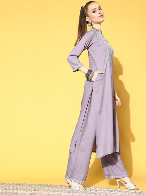 Women Lavender Embroidered Straight Kurta With Plazo & Dupatta
