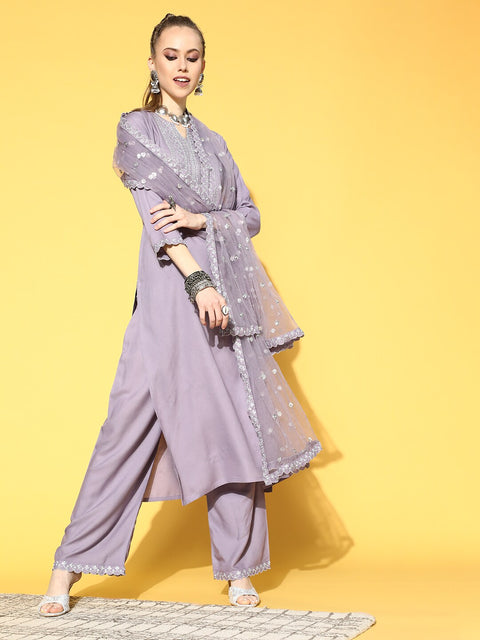 Women Lavender Embroidered Straight Kurta With Plazo & Dupatta