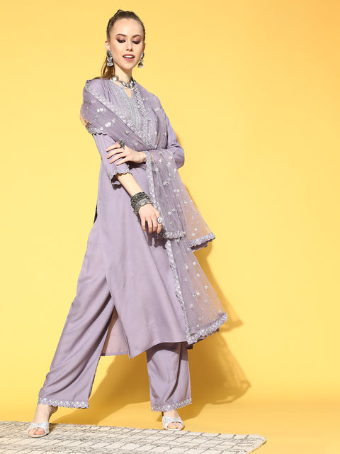 Women Lavender Embroidered Straight Kurta With Plazo & Dupatta