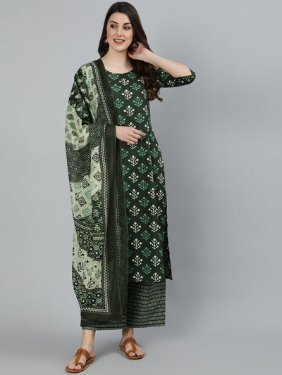 Women Green Ethnic Printed Straight Kurta With Three Quarter Sleeves