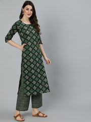 Women Green Ethnic Printed Straight Kurta With Three Quarter Sleeves