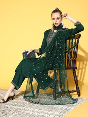 Women Green Embroidered Straight Kurta With Plazo & Dupatta
