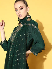 Women Green Embroidered Straight Kurta With Plazo & Dupatta