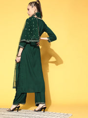 Women Green Embroidered Straight Kurta With Plazo & Dupatta