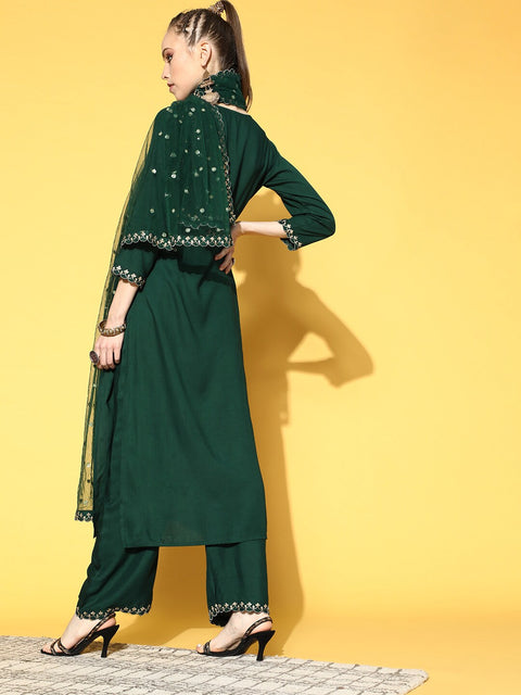 Women Green Embroidered Straight Kurta With Plazo & Dupatta