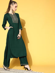 Women Green Embroidered Straight Kurta With Plazo & Dupatta