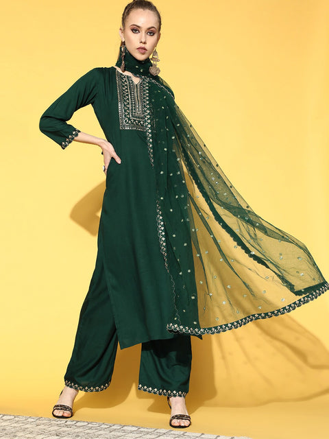 Women Green Embroidered Straight Kurta With Plazo & Dupatta