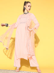 Women Pink Sequinned Kurta with Palazzos & With Dupatta