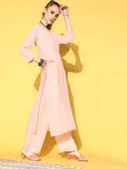 Women Pink Sequinned Kurta with Palazzos & With Dupatta