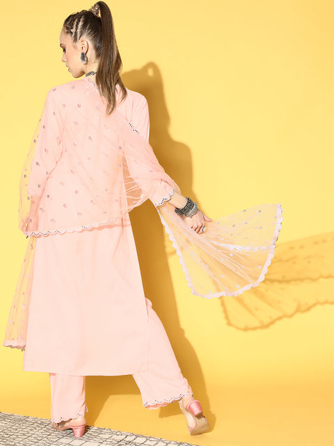 Women Pink Sequinned Kurta with Palazzos & With Dupatta