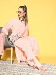 Women Pink Sequinned Kurta with Palazzos & With Dupatta