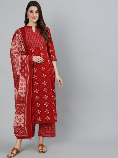 Women Red Printed Straight Kurta With Palazzo And Dupatta