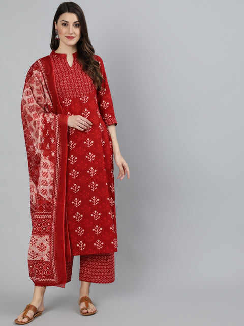 Women Red Printed Straight Kurta With Palazzo And Dupatta